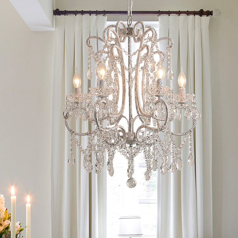 Antique Candlestick Ceiling Lighting Metallic Chandelier Light Fixture with Crystal Bead Decor in White