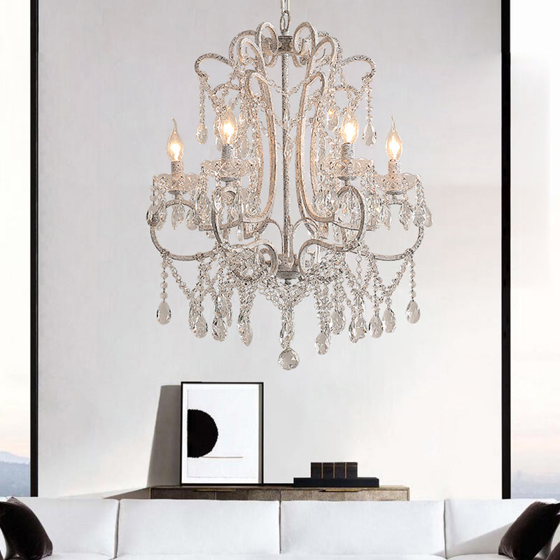 Antique Candlestick Ceiling Lighting Metallic Chandelier Light Fixture with Crystal Bead Decor in White