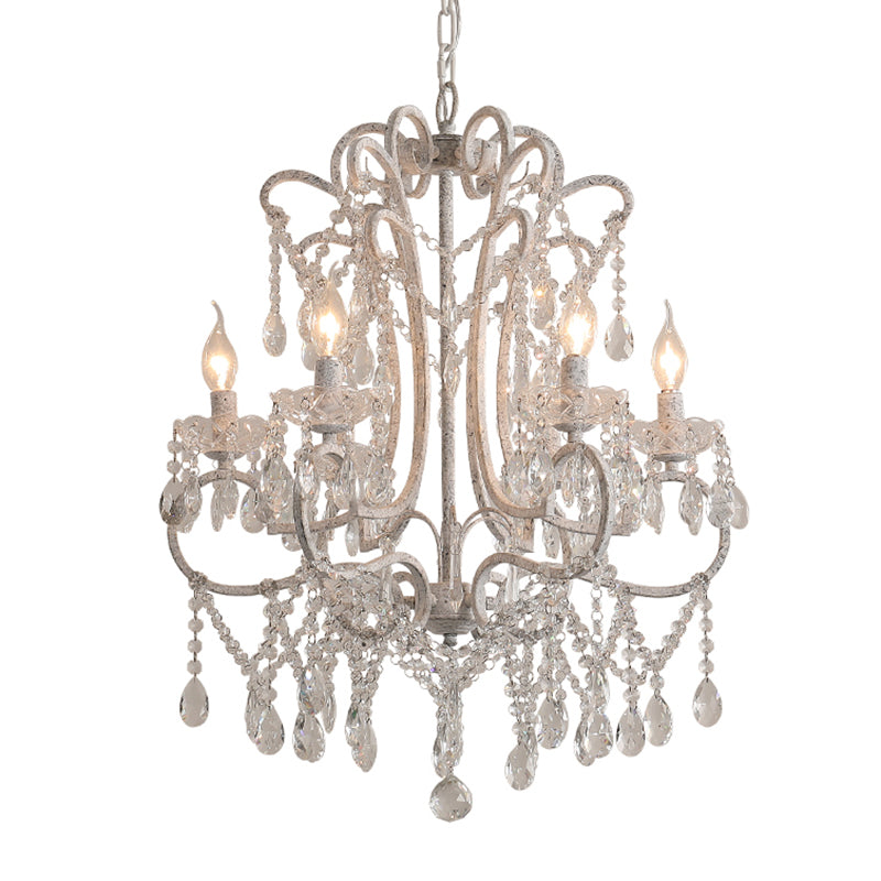 Antique Candlestick Ceiling Lighting Metallic Chandelier Light Fixture with Crystal Bead Decor in White