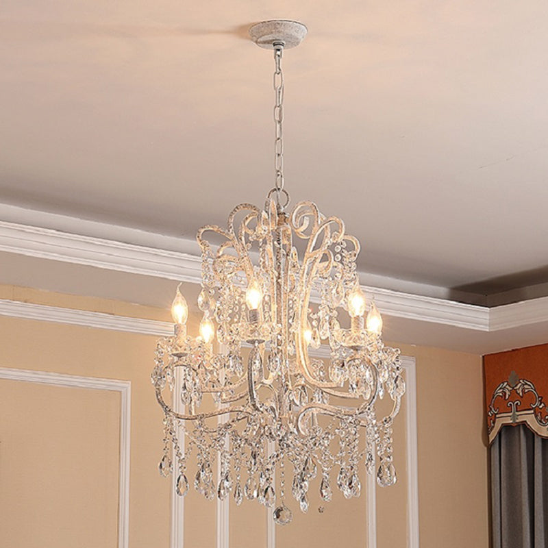 Antique Candlestick Ceiling Lighting Metallic Chandelier Light Fixture with Crystal Bead Decor in White