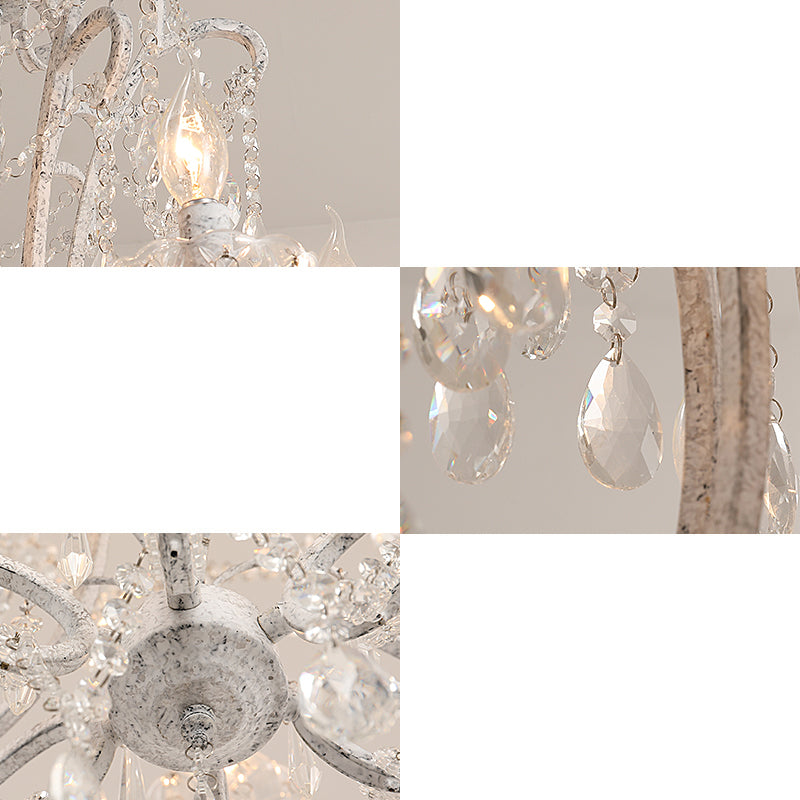 Antique Candlestick Ceiling Lighting Metallic Chandelier Light Fixture with Crystal Bead Decor in White