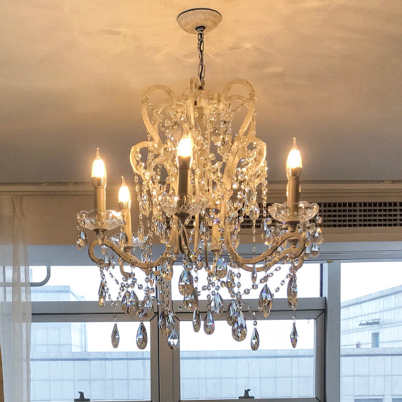 Candle Metal Chandelier Pendant Light Vintage Living Room Hanging Light with Crystal Bead Accent