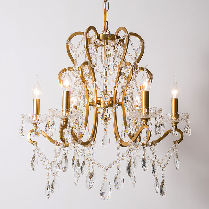 Candle Metal Chandelier Pendant Light Vintage Living Room Hanging Light with Crystal Bead Accent