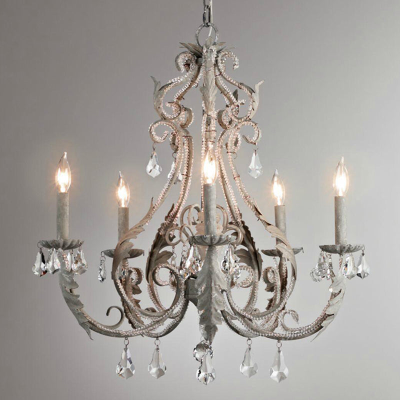 Metallic Candelabra Chandelier Light Retro 6 Heads Living Room Pendant Light with Crystal Beaded Arm