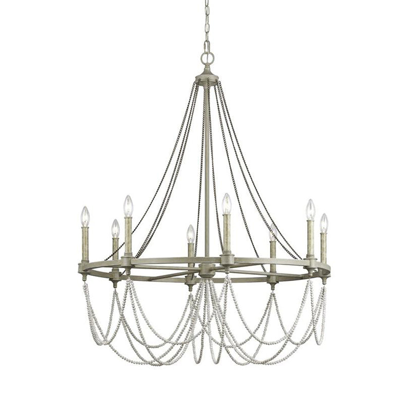 Metallic Candle Chandelier Light Retro Dining Room Pendant Light with Hanging Crystal Bead in Grey