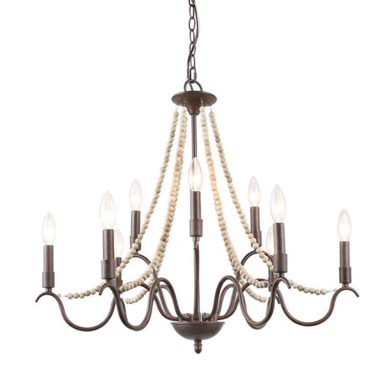 9-Light Suspension Light Retro Style Beaded Wood Chandelier Light with Metallic Candle in Rust