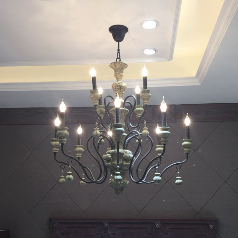 Candelabra Wooden Ceiling Lighting Traditional Dining Room Chandelier Light with Curved Arm in Rust