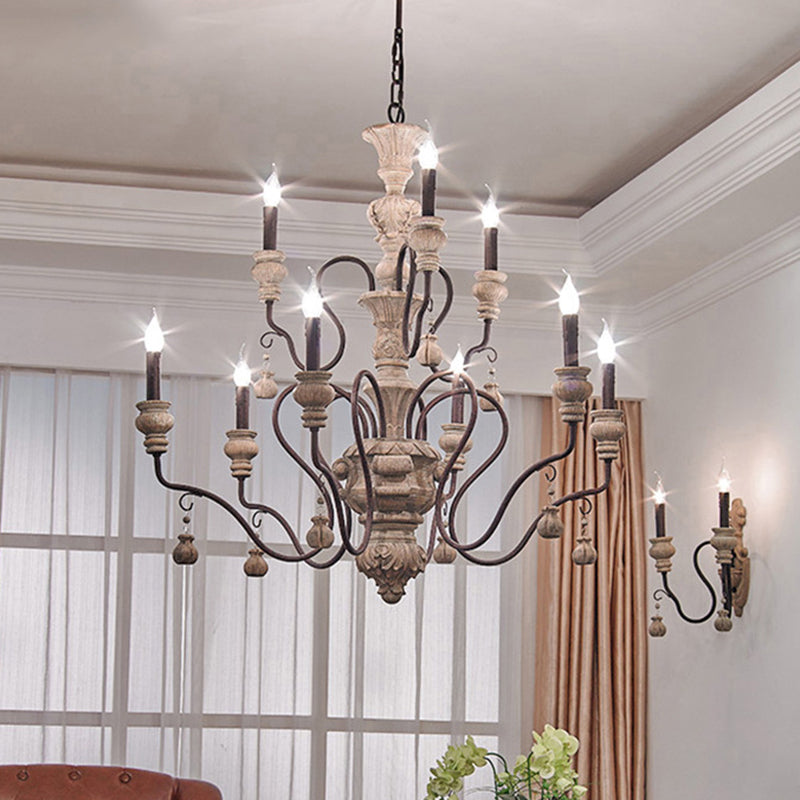 Candelabra Wooden Ceiling Lighting Traditional Dining Room Chandelier Light with Curved Arm in Rust