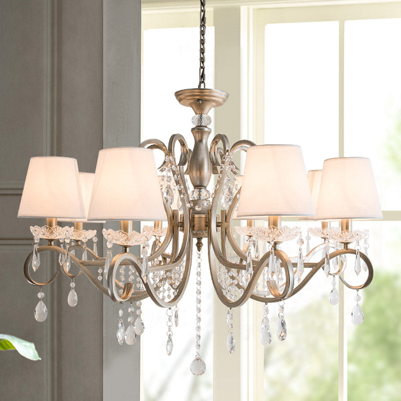 Empire Shade Fabric Chandelier Lighting Antique Living Room Pendant Light with Crystal Draping in Silver