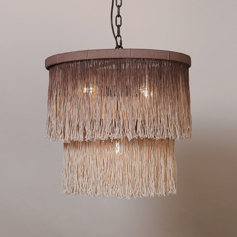 Chanvre à la suspension de café frange la lumière en couches tambour 4 ampoules de style rétro lumière