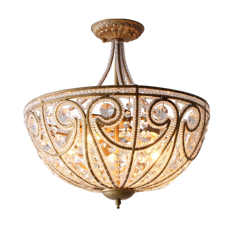 Dome Crystal Bead Semi Flush Vintage 5 Bulbs Living Room Flush Ceiling Light Fixture in Gold