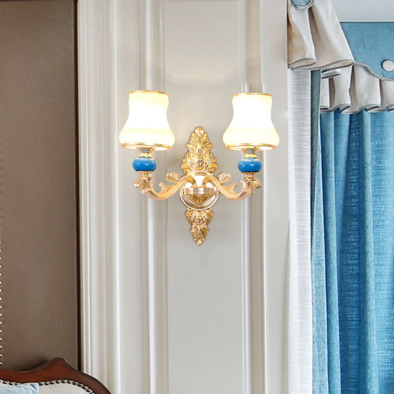 Cream Glass Bud Shade Wall Mount Light Minimalism Living Room Wall Lighting in Gold