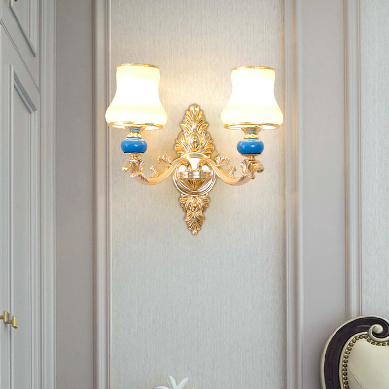 Cream Glass Bud Shade Wall Mount Light Minimalism Living Room Wall Lighting in Gold