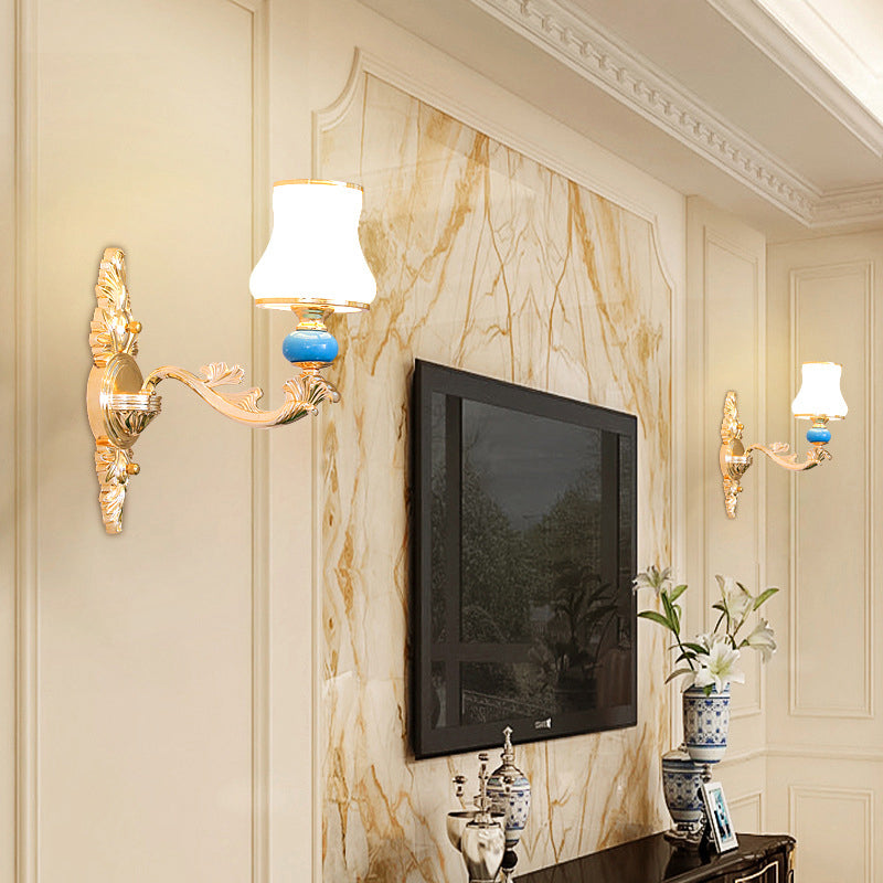 Cream Glass Bud Shade Wall Mount Light Minimalism Living Room Wall Lighting in Gold