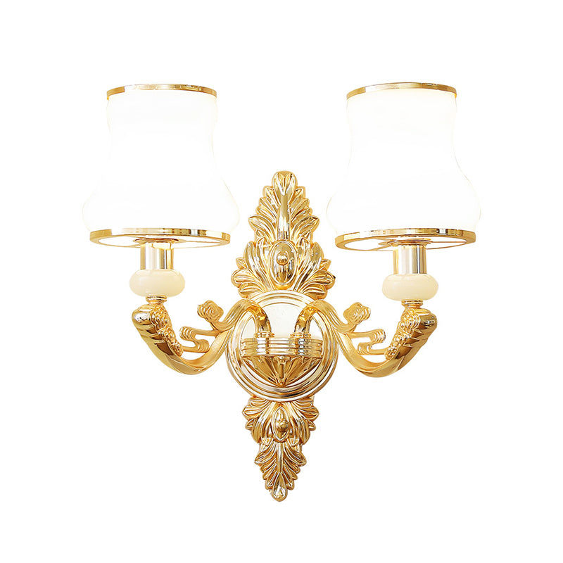 Gold Shaded Wall Lighting Simplicity Opal Glass Corridor Wall Light Fixture with Curved Arm
