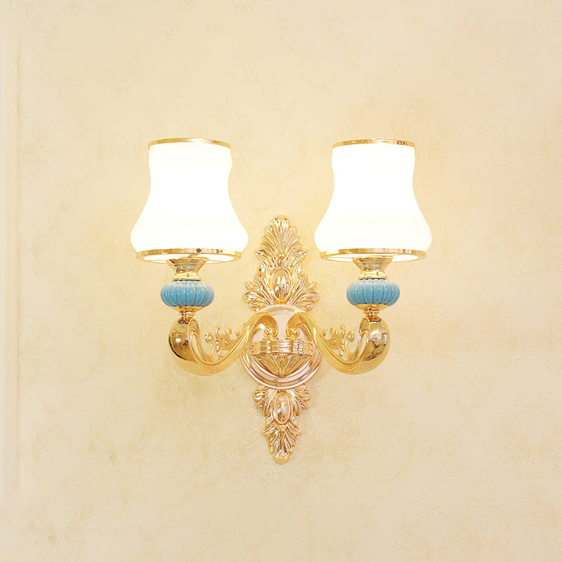 Gold Shaded Wall Lighting Simplicity Opal Glass Corridor Wall Light Fixture with Curved Arm