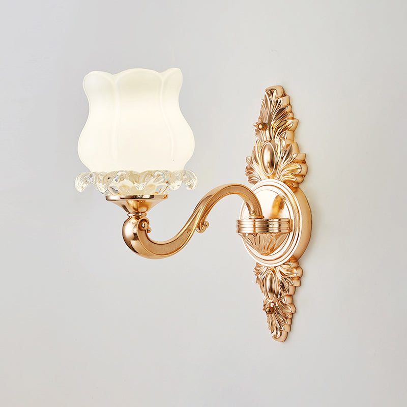 Gold Shaded Wall Lighting Simplicity Opal Glass Corridor Wall Light Fixture with Curved Arm