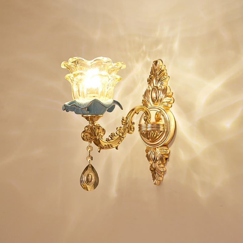 Bloem schaduw woonkamer muur licht klassiek gesneden glazen gouden wandverlichting armatuur