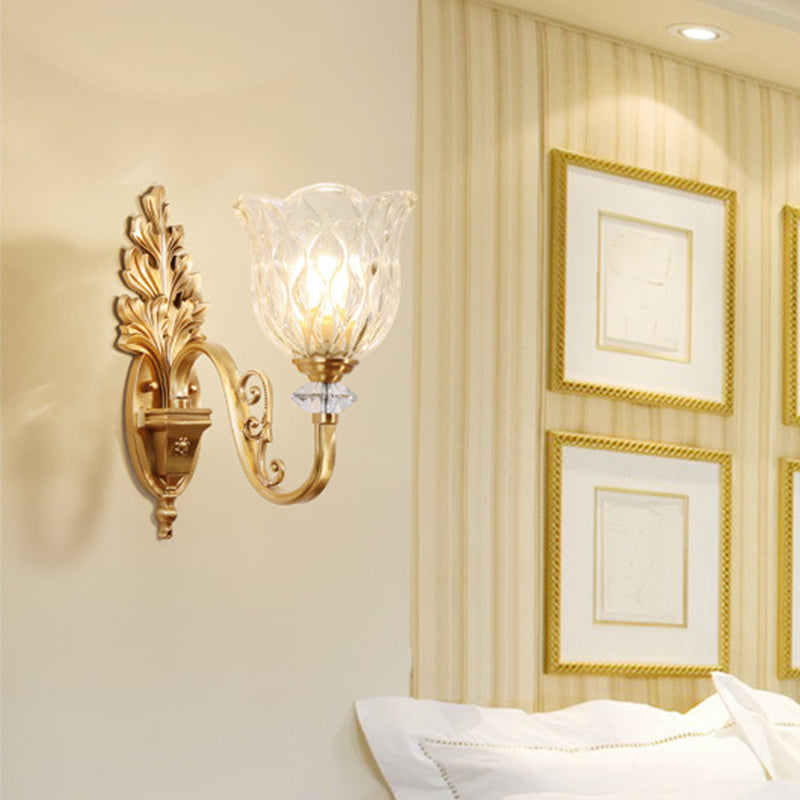 Gold Wall Mount Light Traditional Carved Glass Ruffle Bell Wall Light Fixture for Corridor
