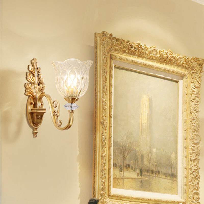 Gold Wall Mount Light Traditional Carved Glass Ruffle Bell Wall Light Fixture for Corridor