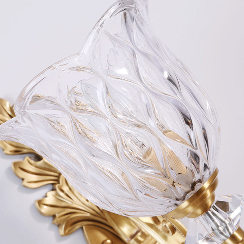 Gold Wall Mount Light Traditional Carved Glass Ruffle Bell Wall Light Fixture for Corridor