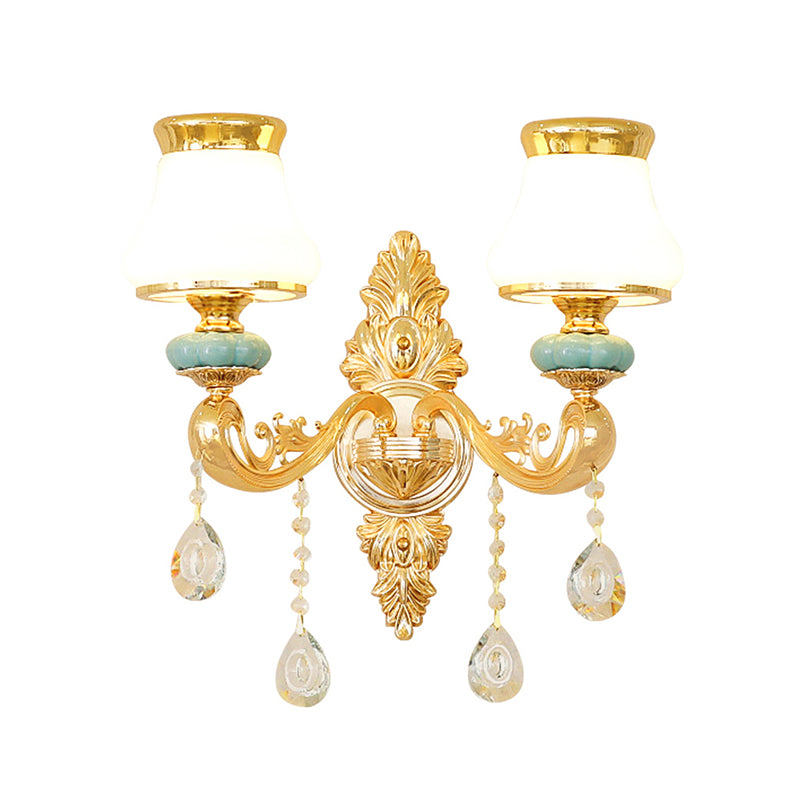 Bud Shade Opal Glass Wall Light Classic Living Room Wall Lighting Fixture with K9 Crystal Accent in Gold