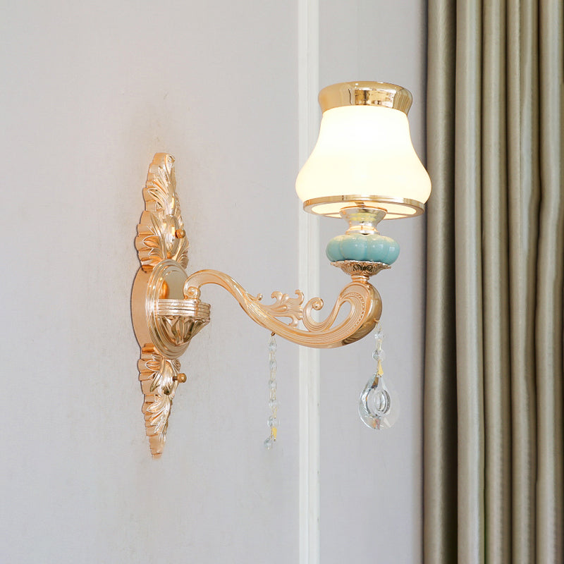 Bud Shade Opal Glass Wall Light Classic Living Room Wall Lighting Fixture with K9 Crystal Accent in Gold