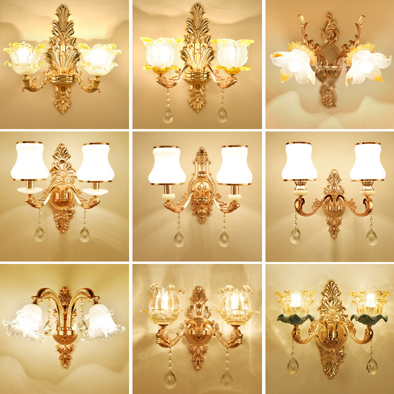 Gold Floral Wall Light Fixture Vintage Glass Living Room Wall Mounted Lamp with Crystal Accent