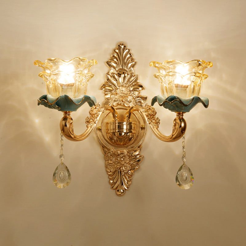 Gold Floral Wall Light Fixture Vintage Glass Living Room Wall Mounted Lamp with Crystal Accent