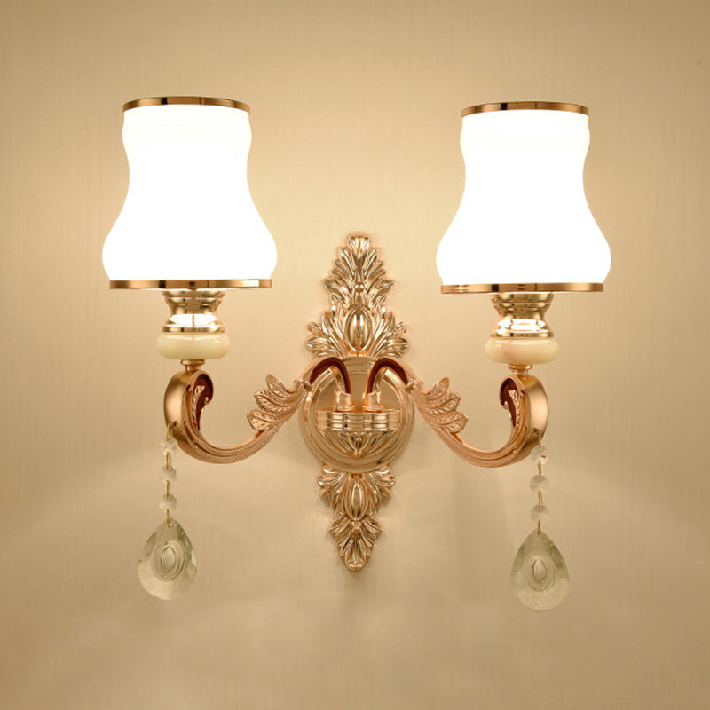Gold Floral Wall Light Fixture Vintage Glass Living Room Wall Mounted Lamp with Crystal Accent