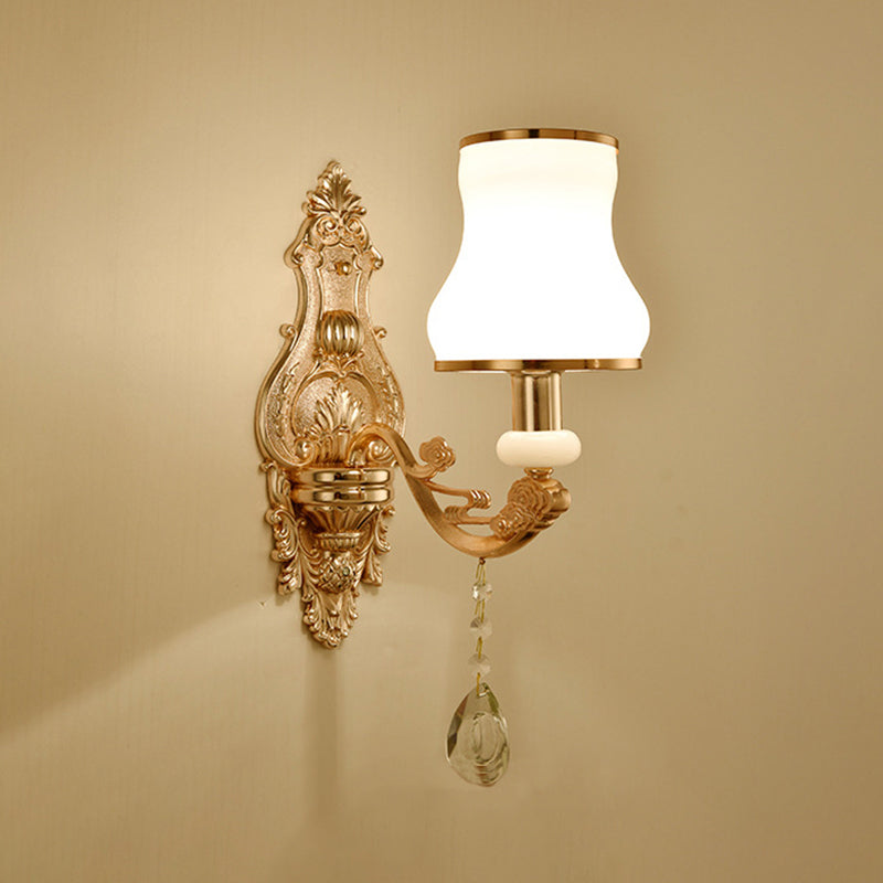 Gold Floral Wall Light Fixture Vintage Glass Living Room Wall Mounted Lamp with Crystal Accent