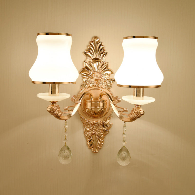 Gold Floral Wall Light Fixture Vintage Glass Living Room Wall Mounted Lamp with Crystal Accent