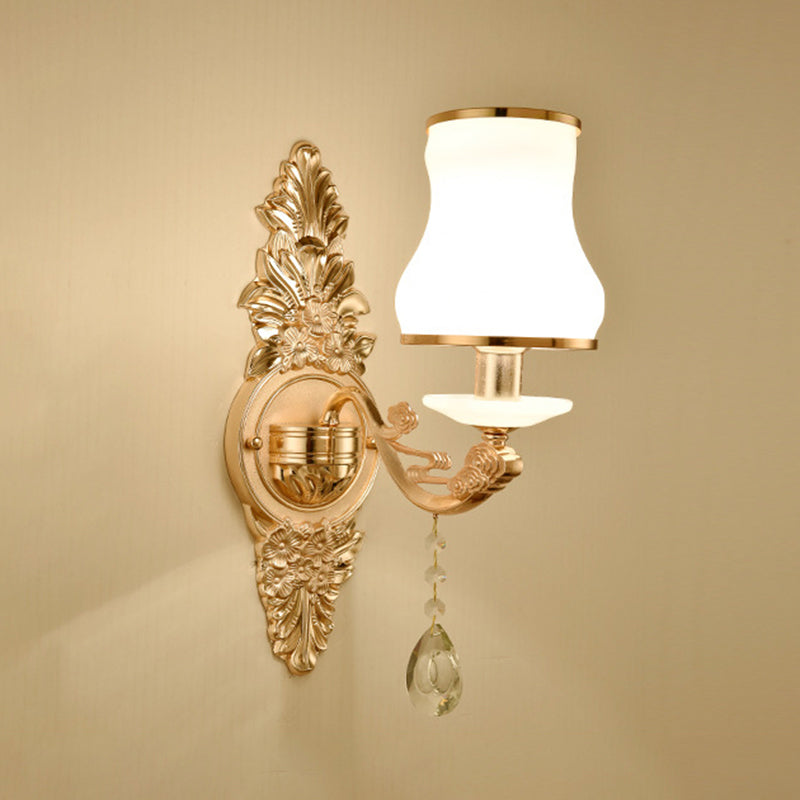 Gold Floral Wall Light Fixture Vintage Glass Living Room Wall Mounted Lamp with Crystal Accent