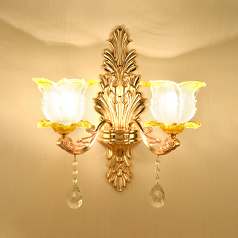 Gold Floral Wall Light Fixture Vintage Glass Living Room Wall Mounted Lamp with Crystal Accent