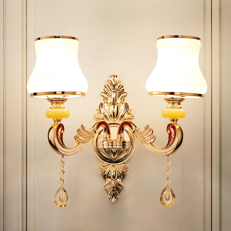 Frosted Glass Flower Wall Mount Light Traditional Corridor Wall Light Fixture with Crystal Draping in Gold