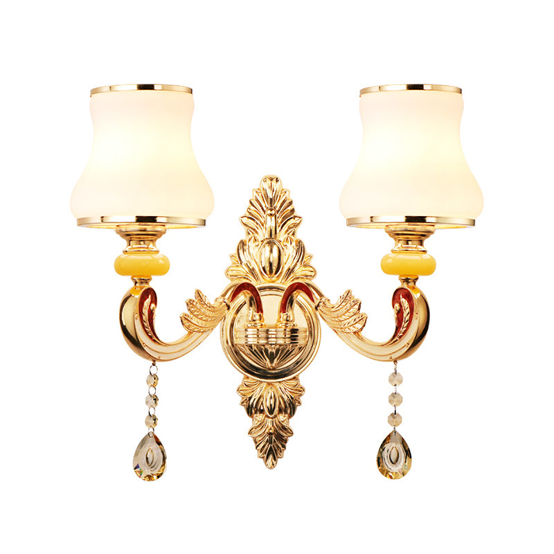 Frosted Glass Flower Wall Mount Light Traditional Corridor Wall Light Fixture with Crystal Draping in Gold
