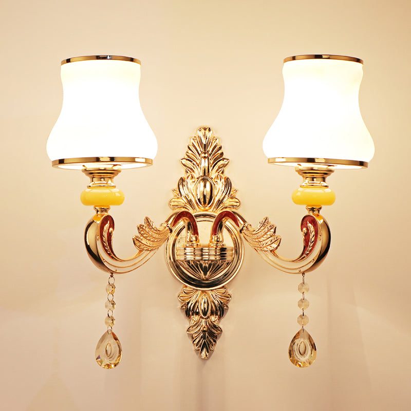 Frosted Glass Flower Wall Mount Light Traditional Corridor Wall Light Fixture with Crystal Draping in Gold