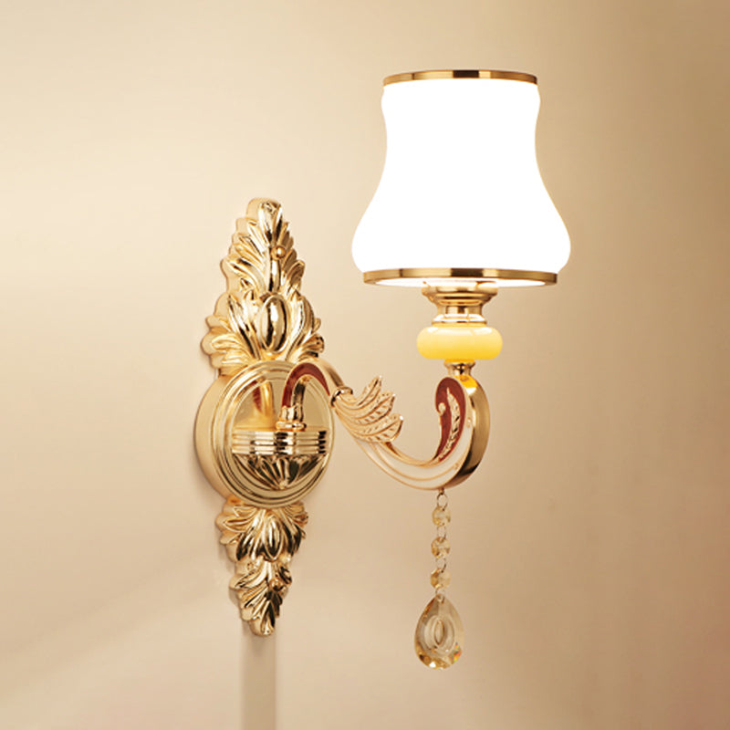 Frosted Glass Flower Wall Mount Light Traditional Corridor Wall Light Fixture with Crystal Draping in Gold