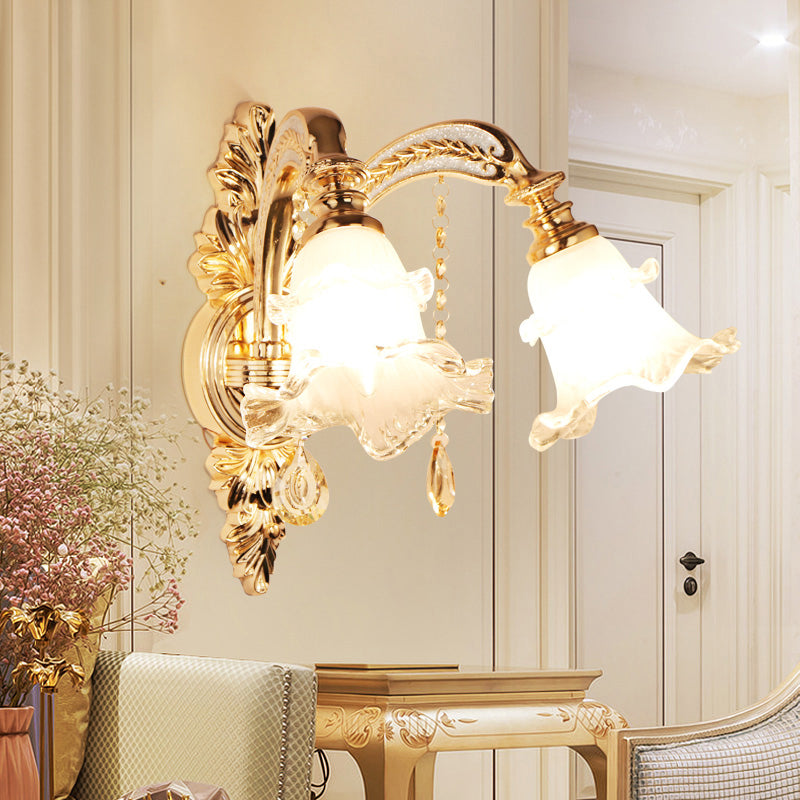 Frosted Glass Flower Wall Mount Light Traditional Corridor Wall Light Fixture with Crystal Draping in Gold
