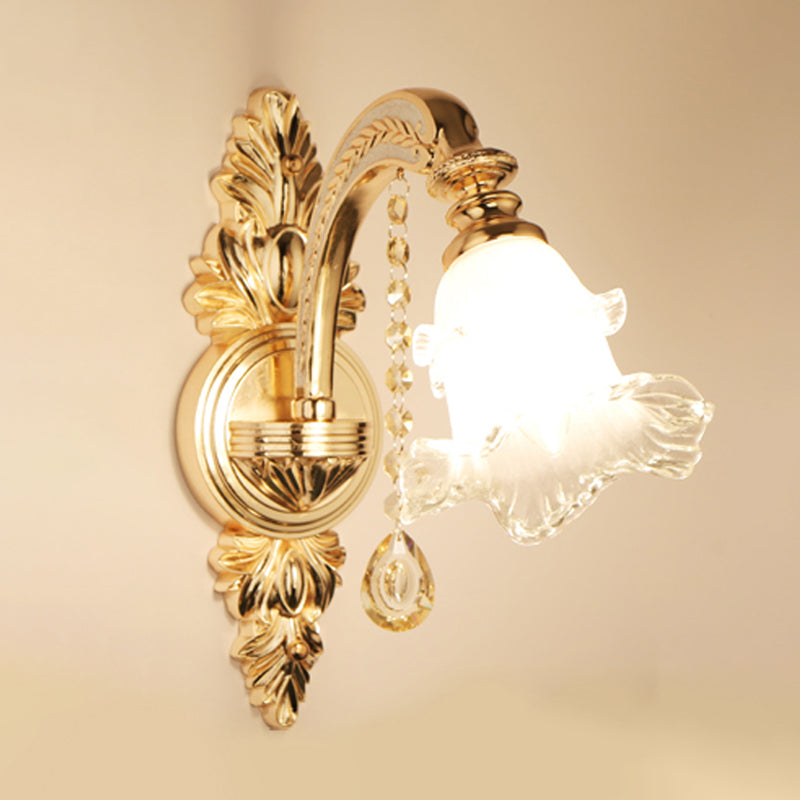 Frosted Glass Flower Wall Mount Light Traditional Corridor Wall Light Fixture with Crystal Draping in Gold