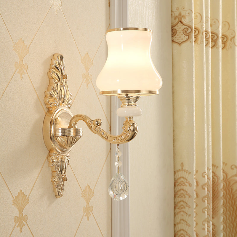 Bud Shade Corridor Wall Mount Light Minimalism Opaline Glass Gold Wall Lighting with Hanging Crystal