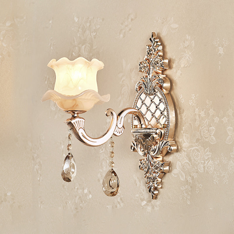 Applique murale dorée simplicité crème verre fleur applique murale avec drapé en cristal