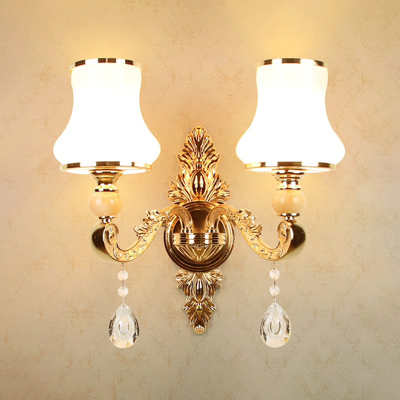 Opal Glass Gold Wall Light Flower Shade Antique Wall Lighting Fixture with Crystal Accent