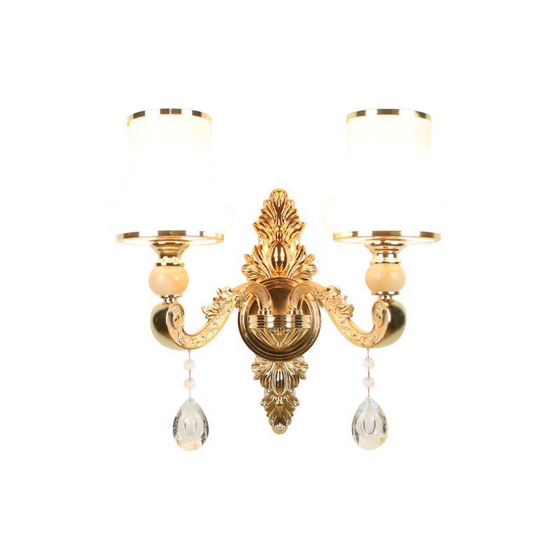 Opal Glass Gold Wall Light Flower Shade Antique Wall Lighting Fixture with Crystal Accent