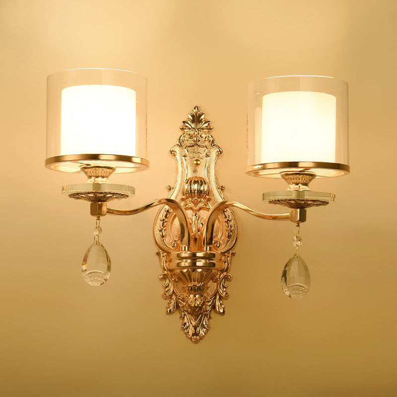 Clear Glass Cylinder Wall Mount Light Minimalism Corridor Wall Lighting with Crystal Accent in Gold