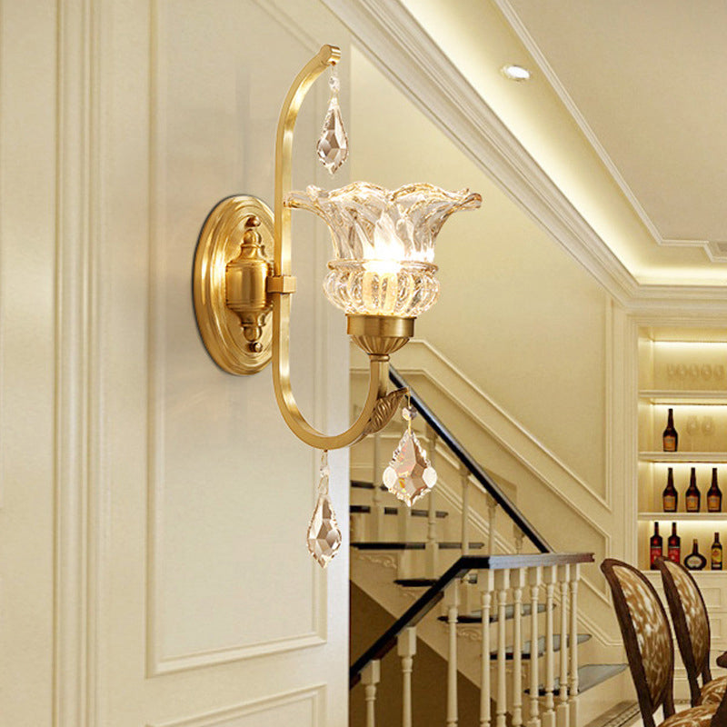 Floral Corridor Wall Mount Light Minimalism Handblown Glass Gold Wall Lighting with Hanging Crystal
