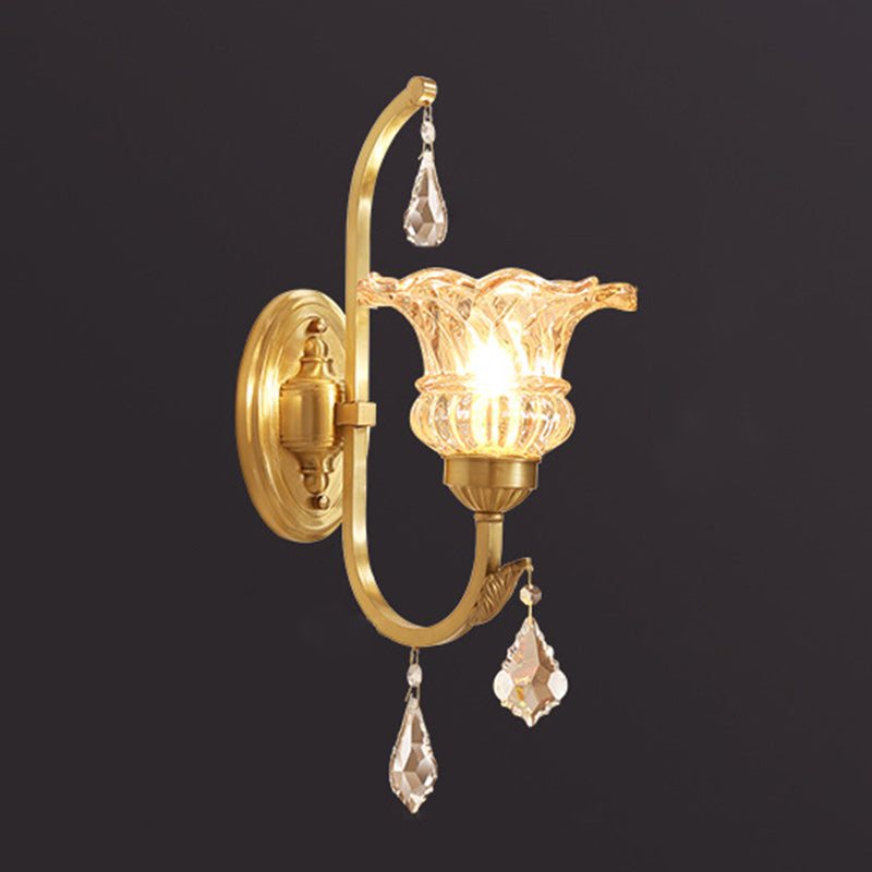 Floral Corridor Wall Mount Light Minimalism Handblown Glass Gold Wall Lighting with Hanging Crystal
