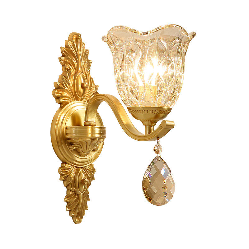 Handblown Glass Scalloped Bell Wall Lamp Simplicity Single Corridor Wall Light with Crystal Draping in Gold