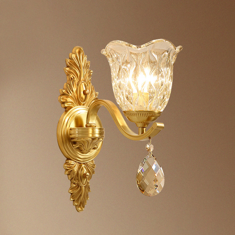 Handblown Glass Scalloped Bell Wall Lamp Simplicity Single Corridor Wall Light with Crystal Draping in Gold