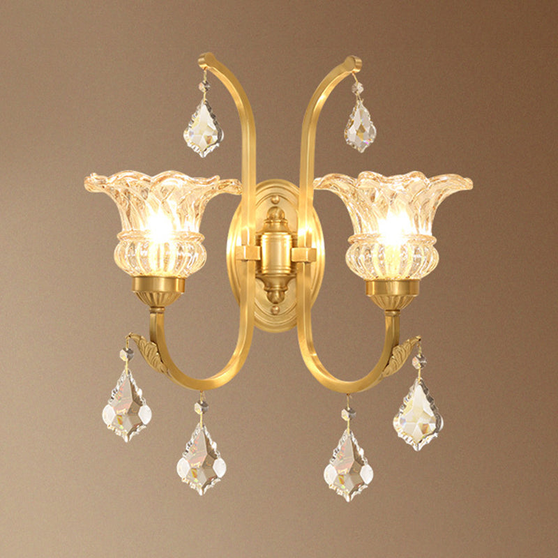 Ruffle Glass Gold Wall Light Floral Antique Wall Lighting Fixture with Crystal Draping